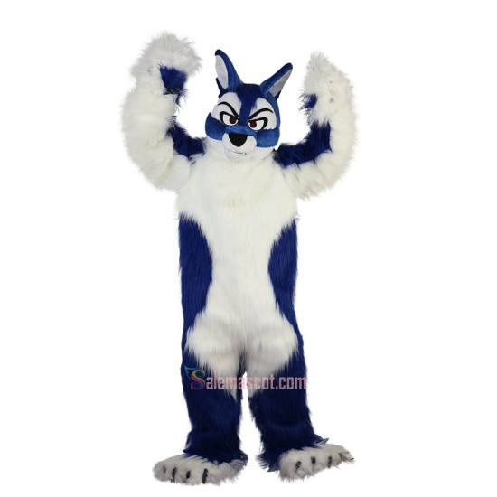 Long Hair Blue Wolf Cartoon Mascot Costume