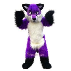 Long Hair Purple Wolf Fox Dog Cartoon Mascot Costume