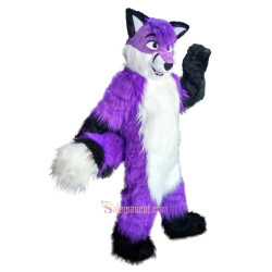 Long Hair Purple Wolf Fox Dog Cartoon Mascot Costume